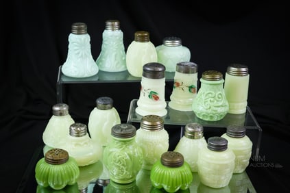 18 pc Lot Victorian Green Custard Uranium Glass Salt Shakers