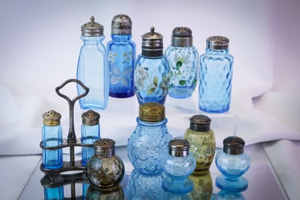 11 pc Lot Blue & Amber Victorian Glass Salt Shakers