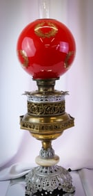 Victorian Red Cased Gilt Banquet Oil Lamp