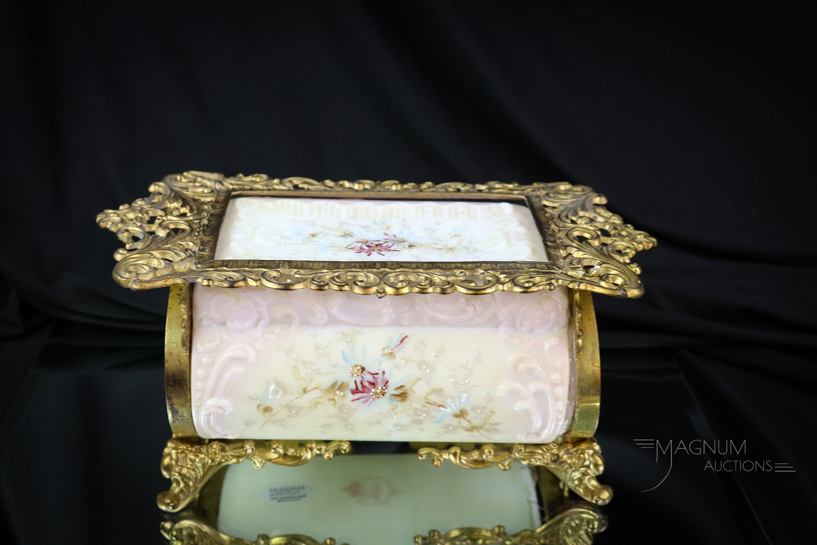 Wavecrest Victorian Glass Ormulu Trinket Brush Holder Dresser Item: A beautifully ornate Victorian wavecrest trinket/hairbrush holder for your dressing table. This is an elaborate piece with gilt ormulu trim. It is decorated in pink with loads of colorful flowers. Thi