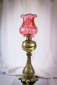 Bradley & Hubbard Victorian Cranberry Enameled Glass Banquet Oil Lamp