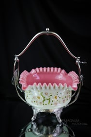 Derby Silverplate Enameled Uranium Custard Glass Victorian Brides' Basket