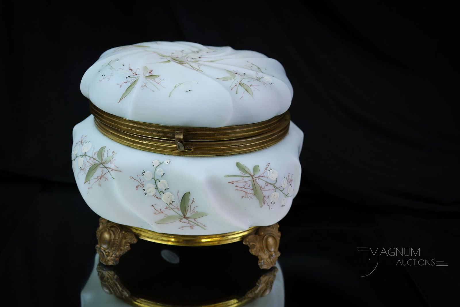 Unsigned Wavecrest Lily of the Valley Victorian Glass 7" Dresser Box: A wonderfully large 7 1/4" wide unsigned Wavecrest swirl mold dresser box. This super example has ormulu feet and complete with fabric lining. It is decorated lavishly with lily of the valley flowers.