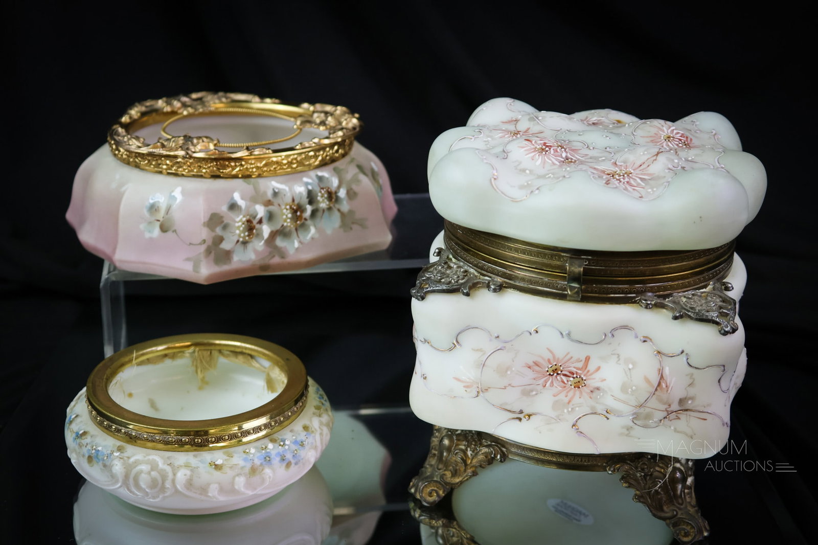 3 pc Lot Pleasures in Collecting Wavecrest Victorian Glass: Three delights sure to get you giddy. This lot combines desirable finds in decorative fineries of the gilded age. The first piece is an unsigned egg-crate mold box with ormulu feet and pink flowers. T