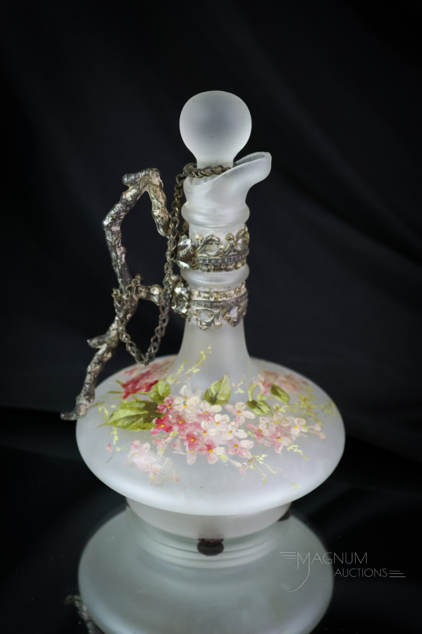Rare Camphor Victorian Wavecrest Victorian Glass Cruet: A rare find in Victorian Wavecrest glass in the form of a cruet. This one is ion decorated camphor glass. It is complete with a twig-form handle and chain for the stopper. This rare find measures 6 1/