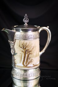 Simpson Hall Miller Silverplate Smith Bros Opal Glass Decorated Water Pitcher