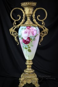 23" Hand Painted Roses Victorian Glass Mantle Urn
