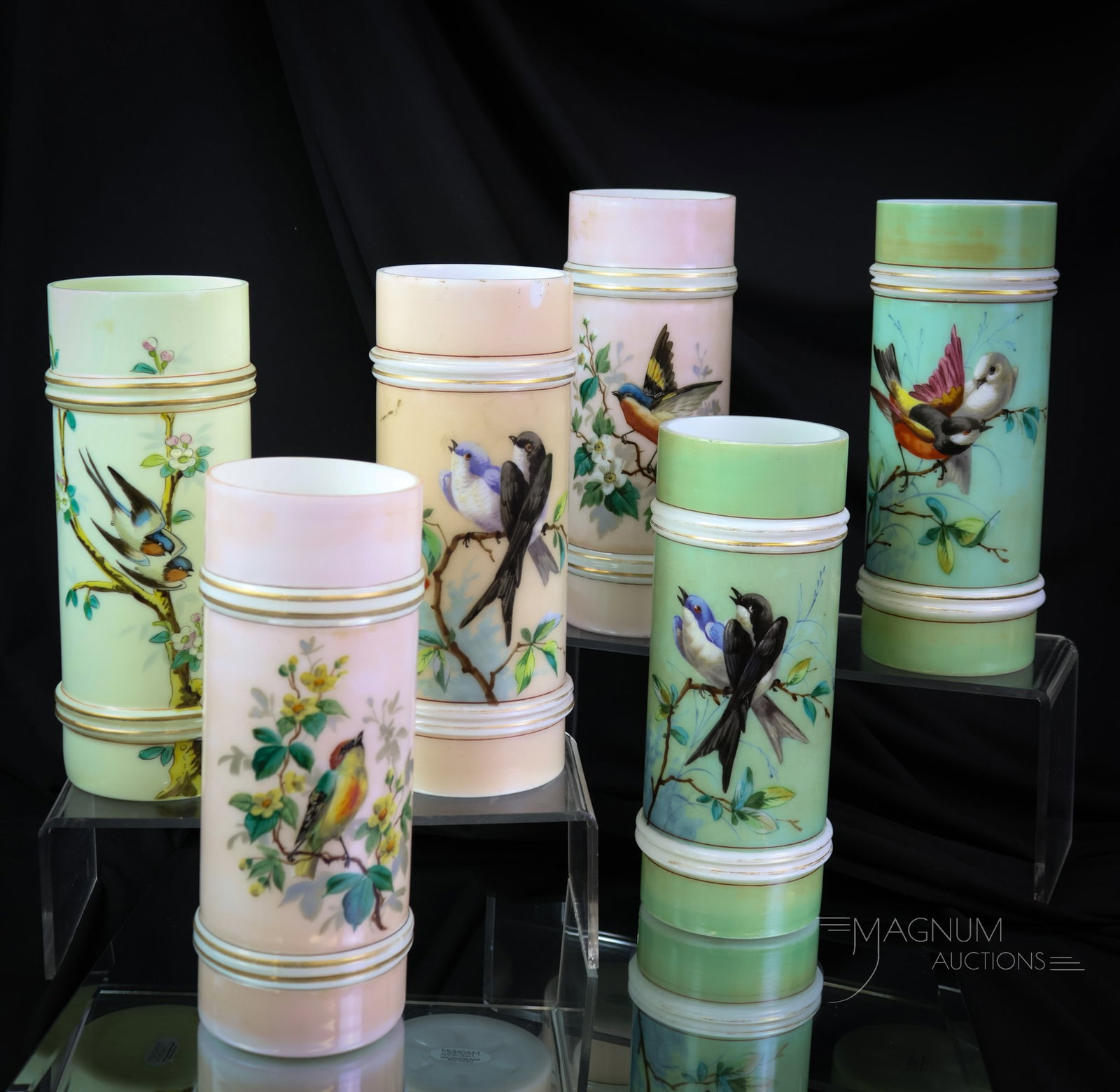 6 pc Lot Victorian Smith Bros. Cylinder Vases: Six Victorian Cylinder vases attributed to Smith Bros. in various decorations of birds. There are two opposing pairs and two single vases. The tallest measures 8". The custard vase is rich in uranium 