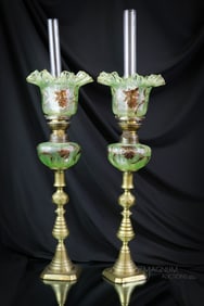 Pair Vaseline Uranium Victorian Acid Etched Enameled Glass Peg Lamps