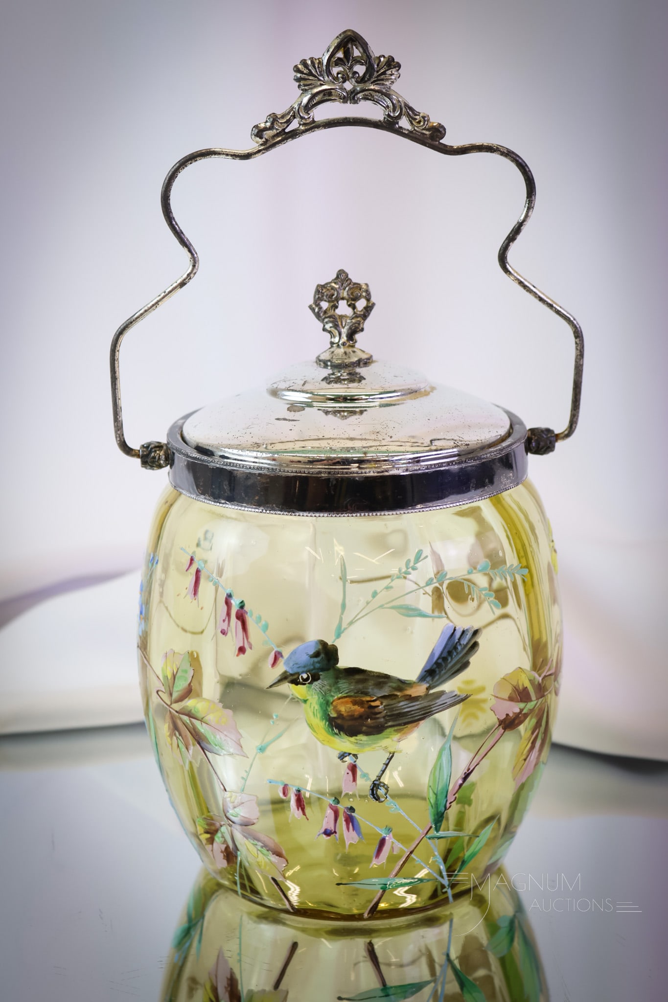 Victorian Enameled Glass Honey Amber Biscuit Jar: A delightful Pooh Bear Honey colored Victorian enameled glass biscuit jar. This fine example has a rib-optic pattern and is lavishly enamel decorated with flowers, foliage, and a charming little bird.