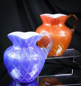 2 pc Lot Phoenix Adventurine Victorian Art Glass Pitchers