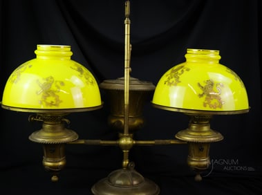 Victorian Bradley & Hubbard Double Student Lamp Rampant Lion Shades