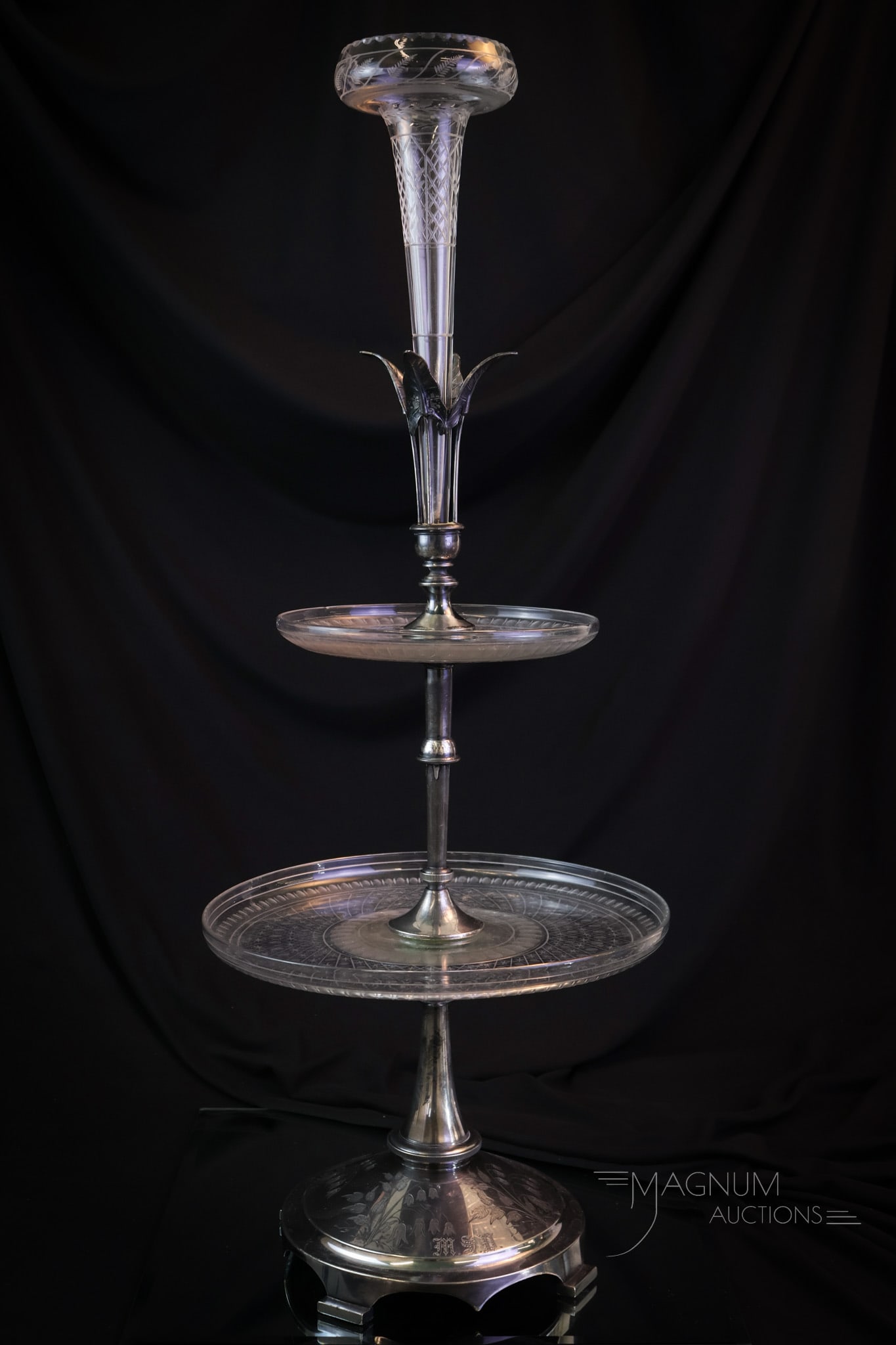 Monumental 26 1/2" Victorian Reed & Barton Silverplate Tazza Centerpiece: What an impressive piece this is for the center of your dining table. Just in time for the holidays! This signed Reed & Barton silverplate centerpiece tazza retains the original glass pieces.Very eleg