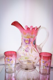 Victorian Cranberry Cut Rim Art Glass Pitcher & Tumblers