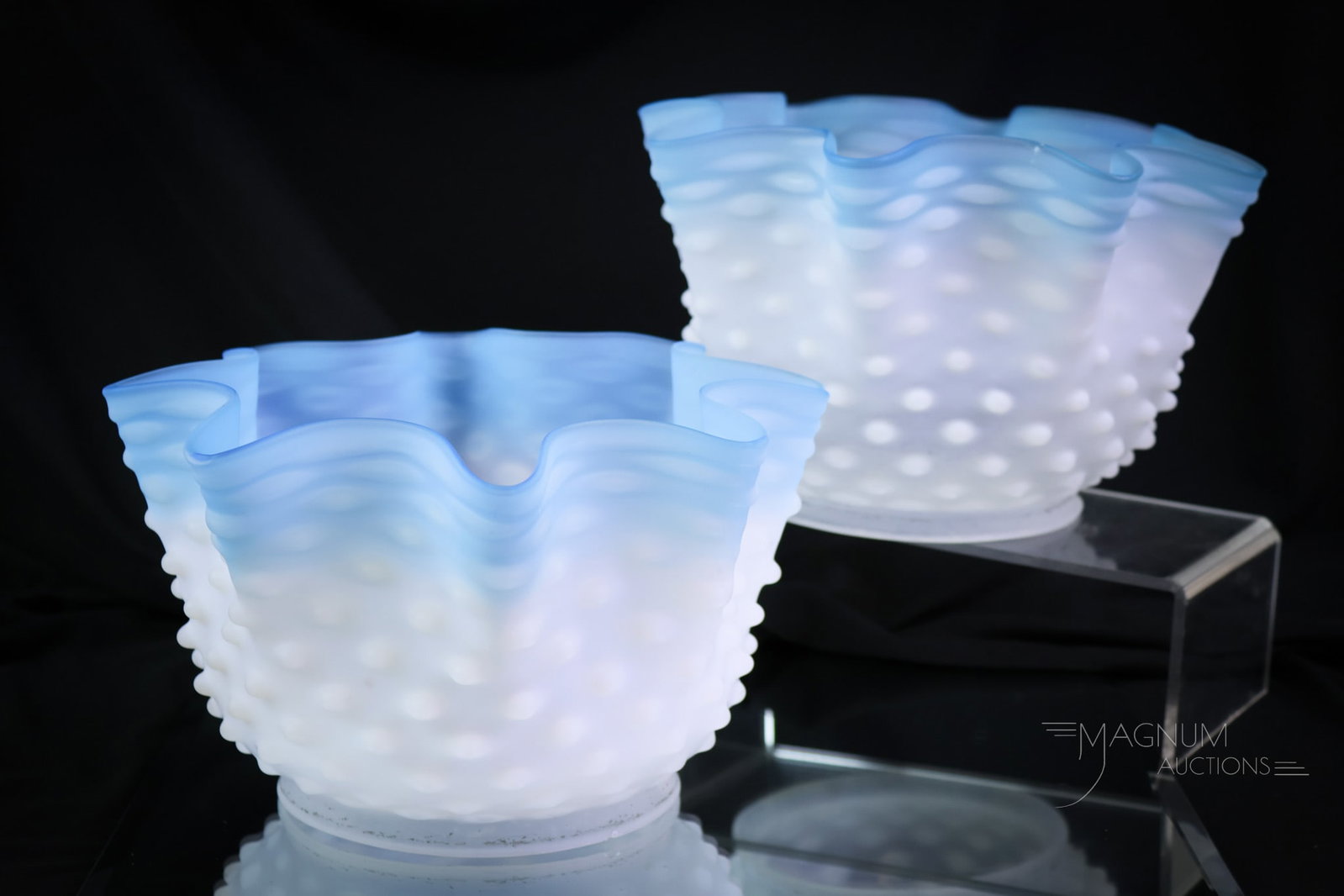Pair of Victorian Hobbs Opalescent Art Glass Shades: Here's a fine matched pair of Victorian opalescent hobnail glass shades with blue rims. Each shade is perfect and measures 5 1/2" tall and 9" in diameter. Each also has a 5" fitter rim. SHIPPING NOTIC