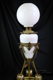 Victorian Claw Foot & Onyx Brass & Glass Banquet Oil Lamp