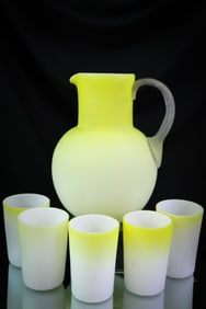 6 pc Victorian Yellow Satin Glass Water Set