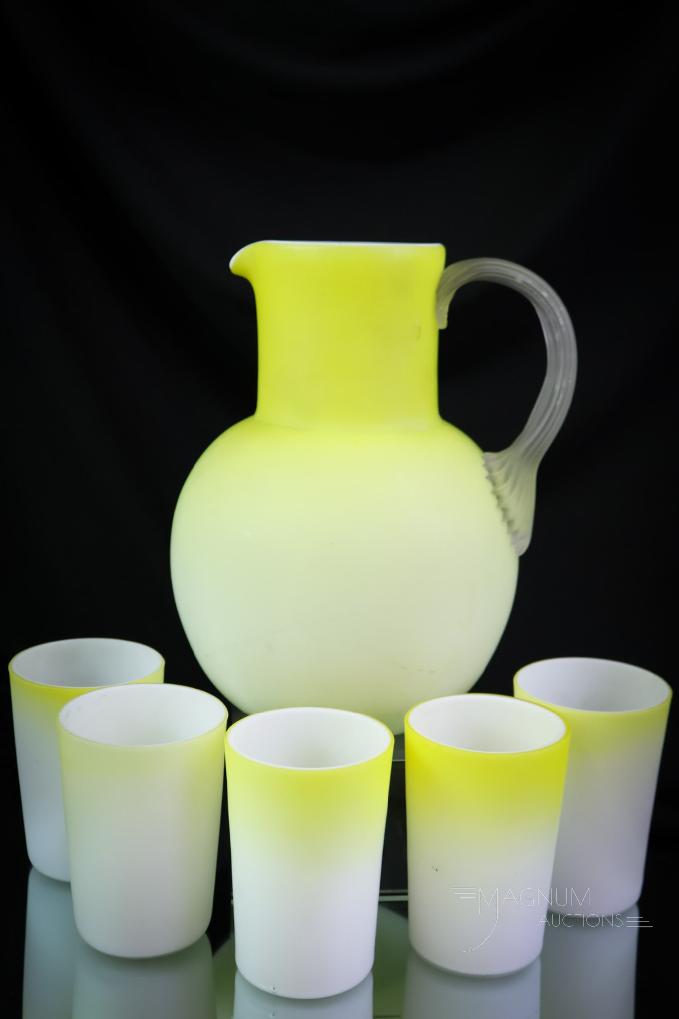 6 pc Victorian Yellow Satin Glass Water Set: A wonderful canary yellow Victorian water set. The set is made up of a pitcher and five tumblers. The tallest of the set measures 9". SHIPPING NOTICE: If you choose not to utilize the LiveAuctioneers 