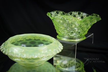 2 pc Lot Victorian Vaseline Uranium Opalescent Glass Oil Lamp Shades