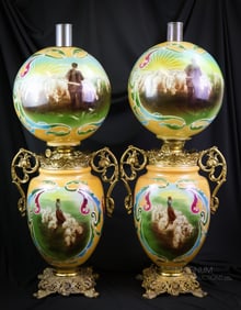 Very Rare Pair of 31" Victorian Sheephearder Art Nouveau Gone with the Wind Oil Lamps
