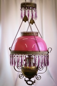 Victorian Pink Opaline Glass Hanging Parlor Oil Lamp