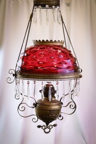 Victorian Hanging Ruby Cranberry Bullseye Glass Parlor Oil Lamp