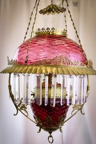 Victorian Ruby Diamond Quilt Glass Hanging Parlor Oil Lamp