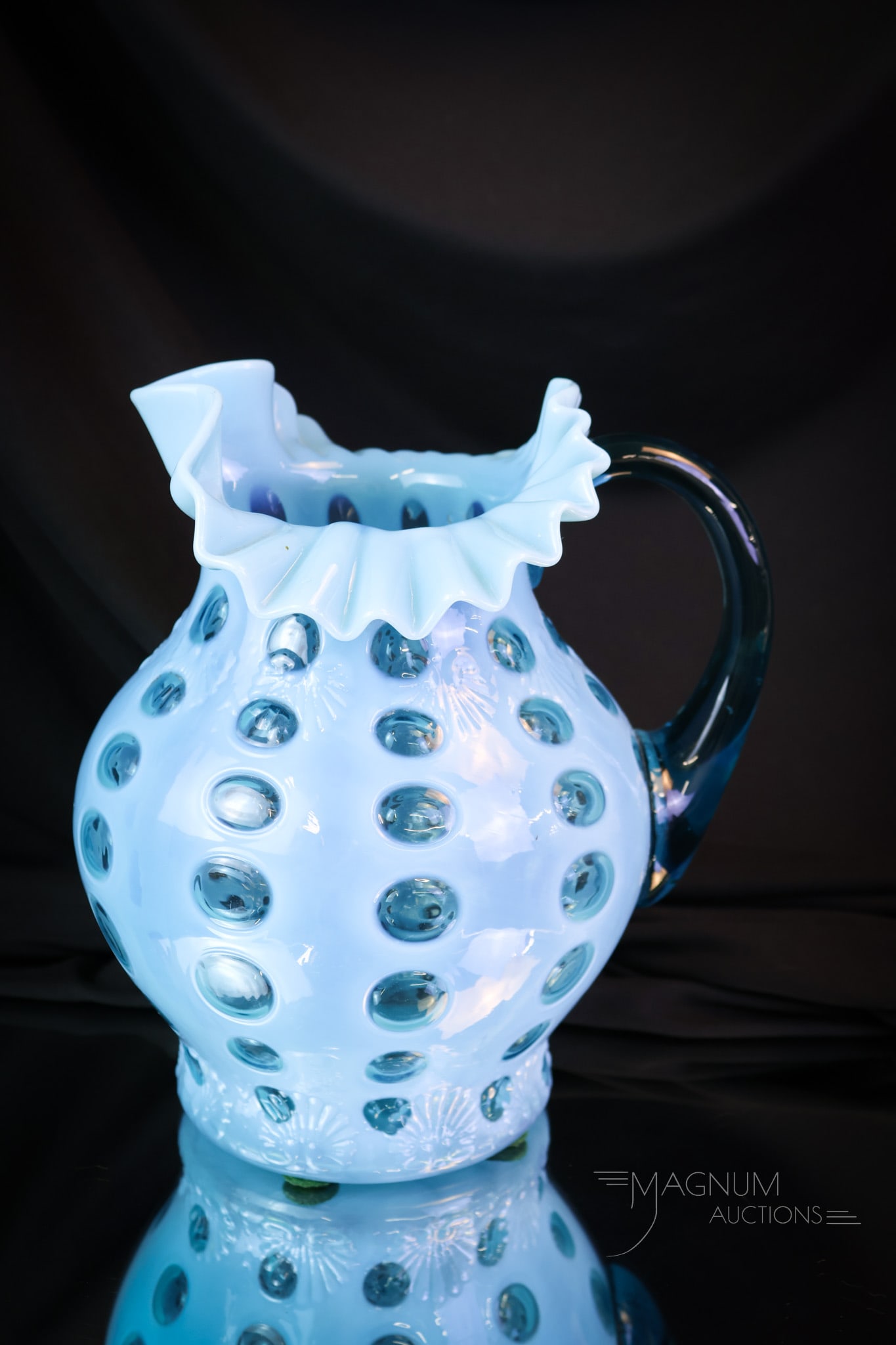Rare Northwood Blue Opalescent Fancy Fans Victorian Glass Water Pitcher: A very rare find in Northwood opalescent glass. This is a Polka Dot pattern water pitcher in the Fancy Fans mold. This exceptional pitcher has amazing color and strong opal. A premium example! The pit
