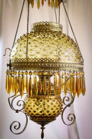 Victorian Hobbs Amber Hobnail Glass Hanging Parlor Oil Lamp