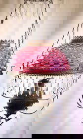 Victorian Bradley & Hubbard Cranberry Opalescent Hobnail Hanging Parlor Oil Lamp