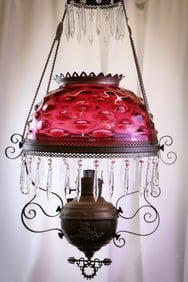 Victorian Cranberry Glass Miller Hanging Parlor Oil Lamp
