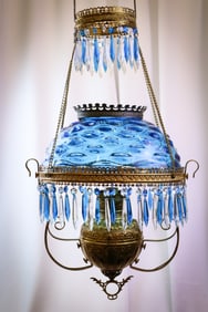 Victorian Electric Blue Glass Hanging Parlor Oil lamp