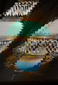 Victorian Blue Satin Diamond Quilt Hanging Parlor Oil Lamp