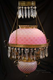 Victorian Pink Opalescent Hobnail Glass Hanging Parlor Oil Lamp