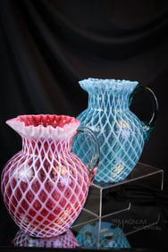 2 pc Lot Northwood Lattice Victorian Opalescent Water Pitchers Cranberry & Blue
