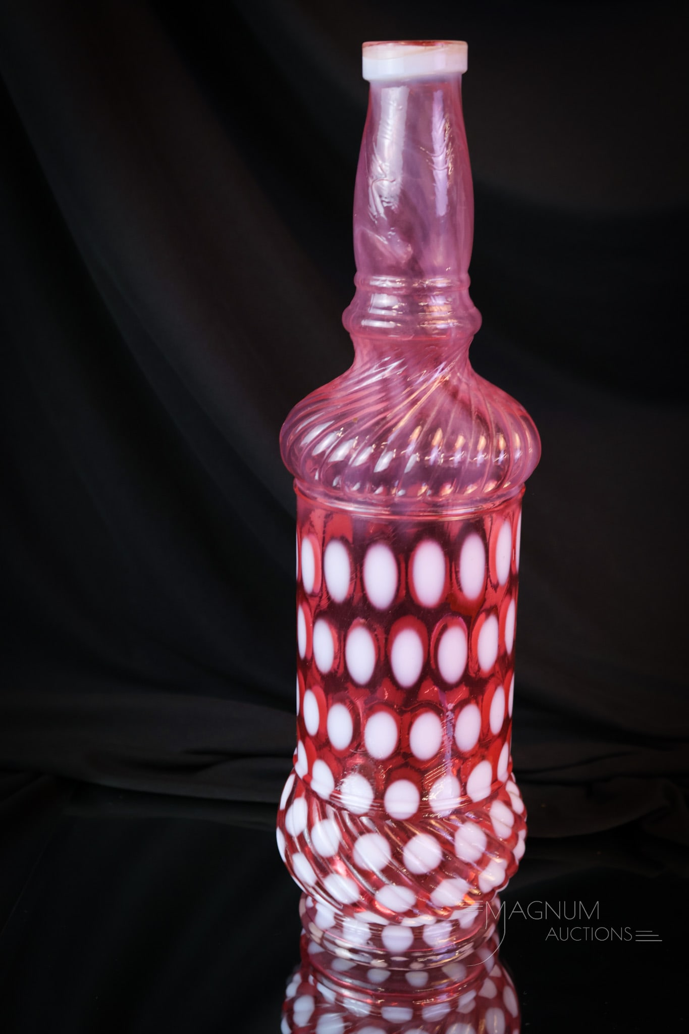 Rare Northwood Coinspot Victorian Cranberry Opalescent Glass Bar Bottle: Ahh, this reminds Mother Magnum of her youth and how she frequented the local bar on Saturday nights. Oh, those were wild times. Sometimes three or four drinks and almost as many rides home. This Vict