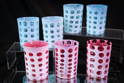 7 pc Lot Victorian Opalescent Glass Tumblers Cranberry & Blue