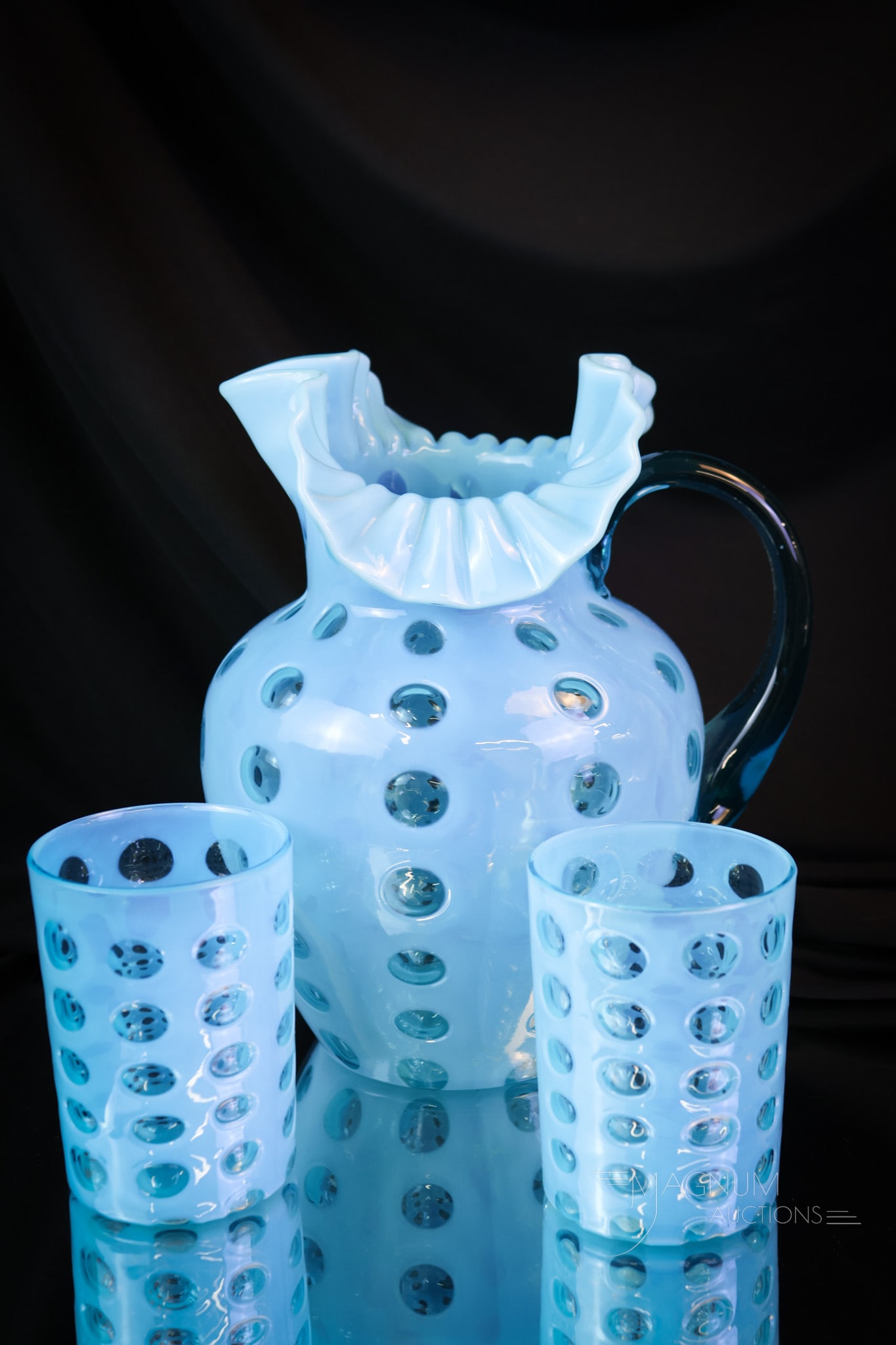 3 pc Blue Opalescent Victorian Glass Polka Dot Water Set: A very attractive find in blue opalescent Victorian glass in the Polka Dot pattern. This is three pieces to have and enjoy. A great form pitcher and two tumblers. The tallest measures 9". SHIPPING NOT