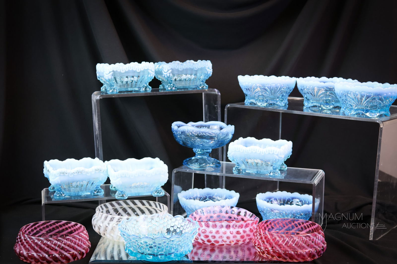 16 pc Lot Victorian Opalescent Glass Berry Bowls: A more than generous offering of Victorian glass berry bowls. This lot includes five Northwood blue opal Alaska pattern bowls. Five blue opalescent in the Tokyo pattern. Two cranberry Chrysanthemum Ba