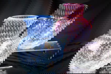 2 pc Lot Victorian Phoenix Opalescent Glass Water Pitchers Cranberry Rubina & Blue