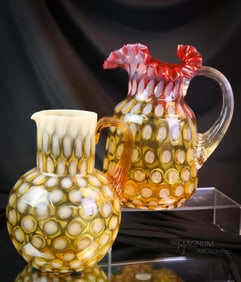 2 pc Lot Victorian Phoenix Glass Opalescent Water Pitchers Amberina & Amber