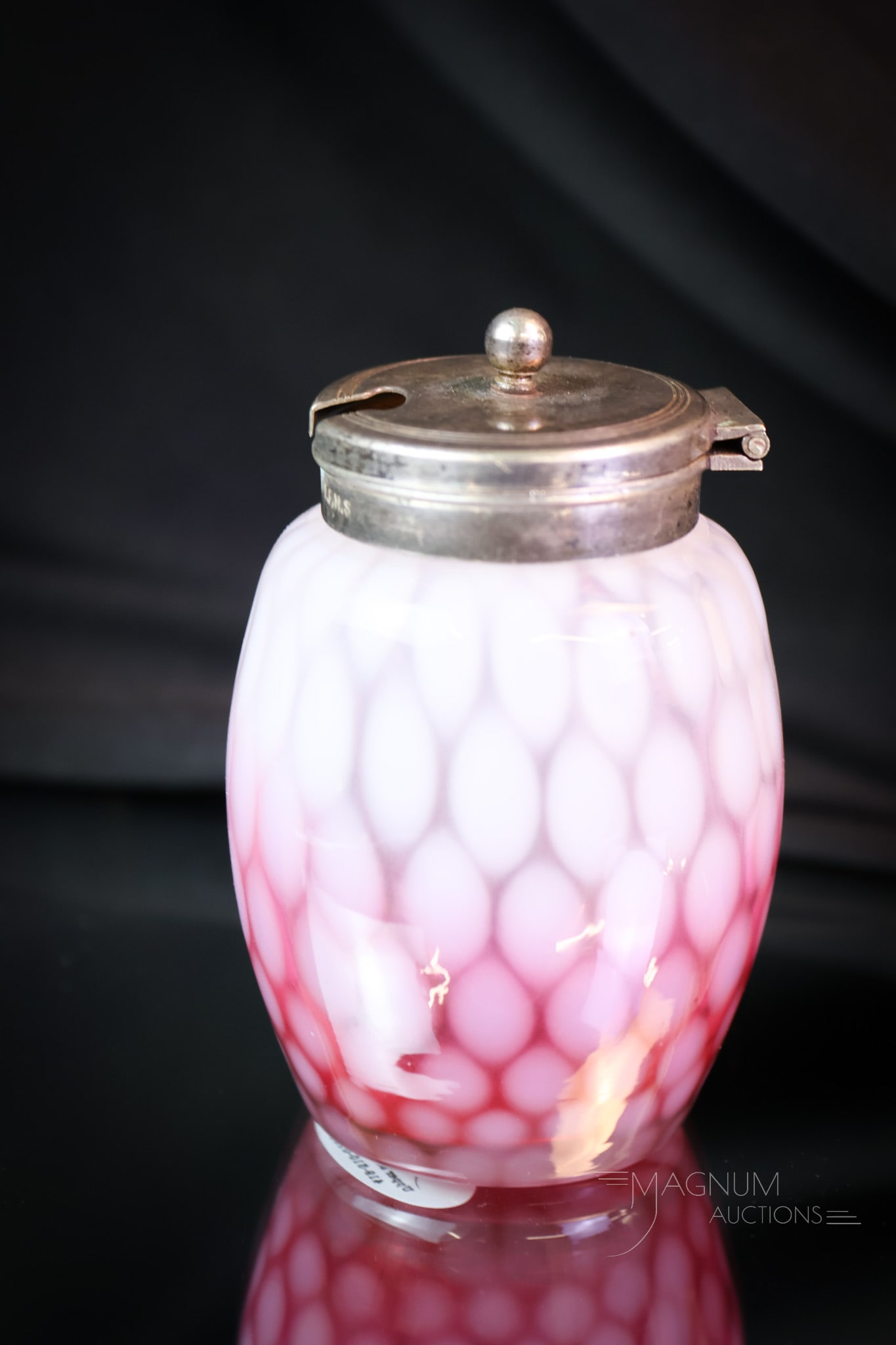 Rare Phoenix Victorian Rubina Opalescent Victorian Glass Mustard Jar: A rare find in a Victorian opalescent mustard jar. This one is attributed to Phoenix glass and is in rubina opal. This little guy retains its original lid with a flip top. The little jar measures 3" t