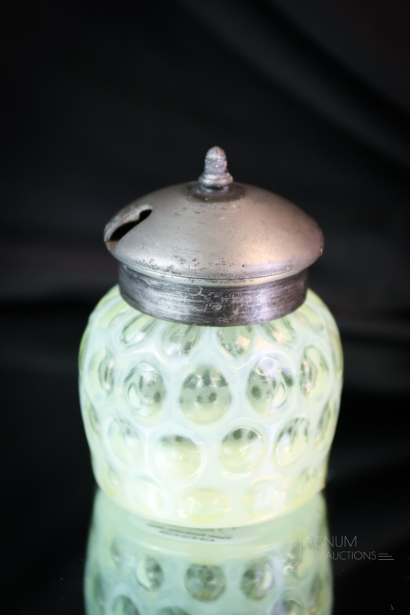 Rare Phoenix Vaseline Opalescent Uranium Glass Mustard Jar: Another rare find in a Victorian opalescent mustard jar. This one is also attributed to Phoenix glass. It was made in uranium-rich vaseline opalescent glass in the Honeycomb pattern. Go find one of th