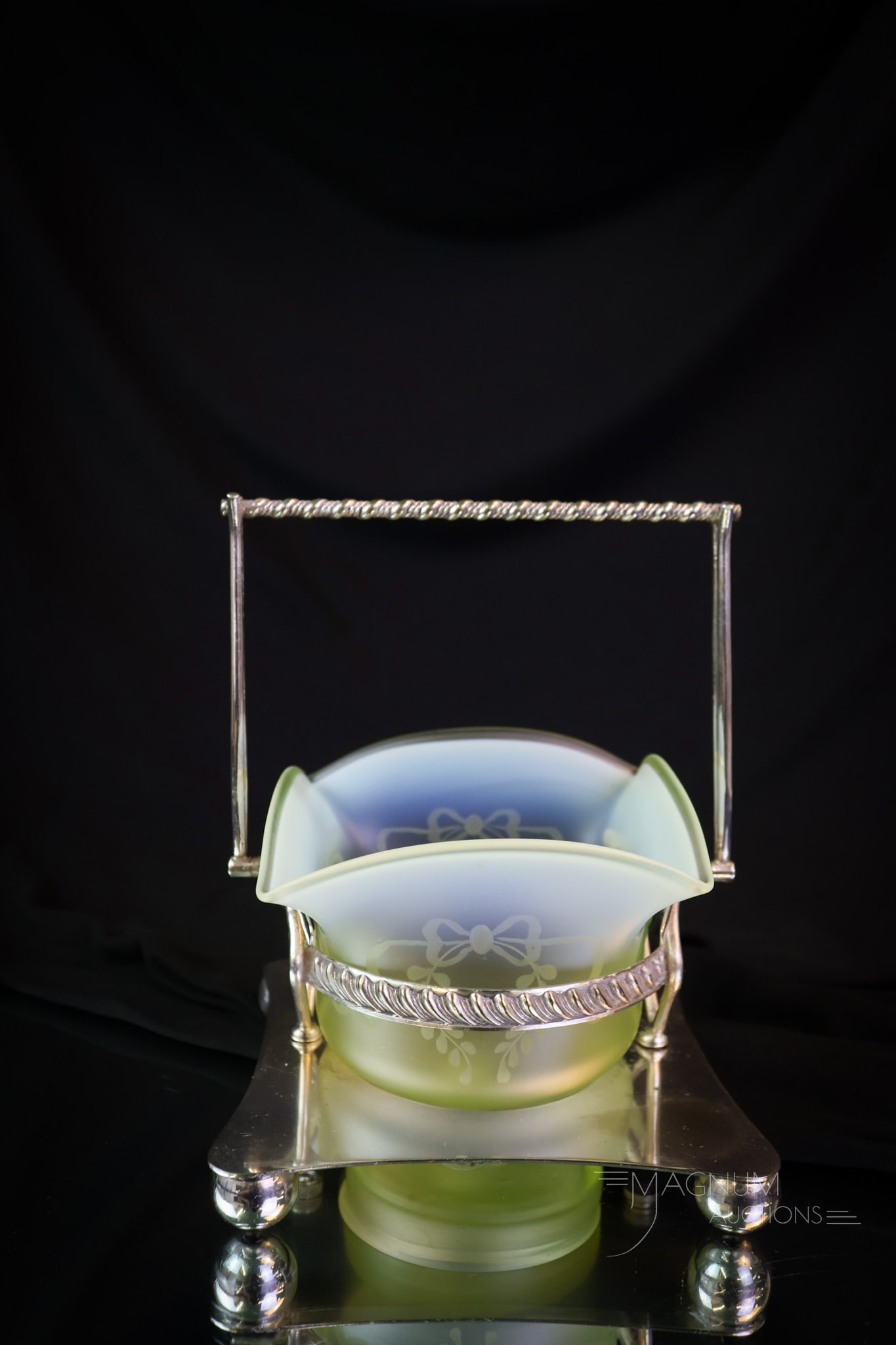 Vaseline Opalescent Satin Victorian EPNS Silverplate Sweetmeat: Here's a beautiful piece. This is a vaseline uranium-rich opalescent satin sweetmeat in a marked E.P.N.S. Englsih silverplate holder. The glass is decorated with a ribbon and garland pattern. The piec