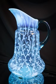 Northwood Blue Opalescent Victorian Glass Spanish Lace Tankard Water Pitcher