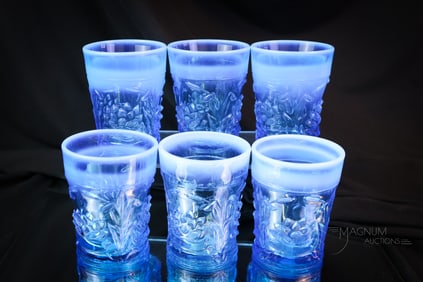 6 pc Lot Fenton Blue Opalescent Water Lily & Cattail Tumblers