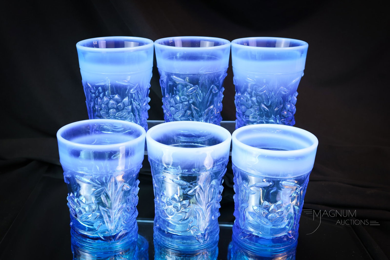 6 pc Lot Fenton Blue Opalescent Water Lily & Cattail Tumblers: A select offering of a complete set of six Fenton blue opalescent waterlily & cattail pattern tumblers. Go find all six if you needed to! Each tumbler measures 3 3/4" tall. SHIPPING NOTICE: If you cho