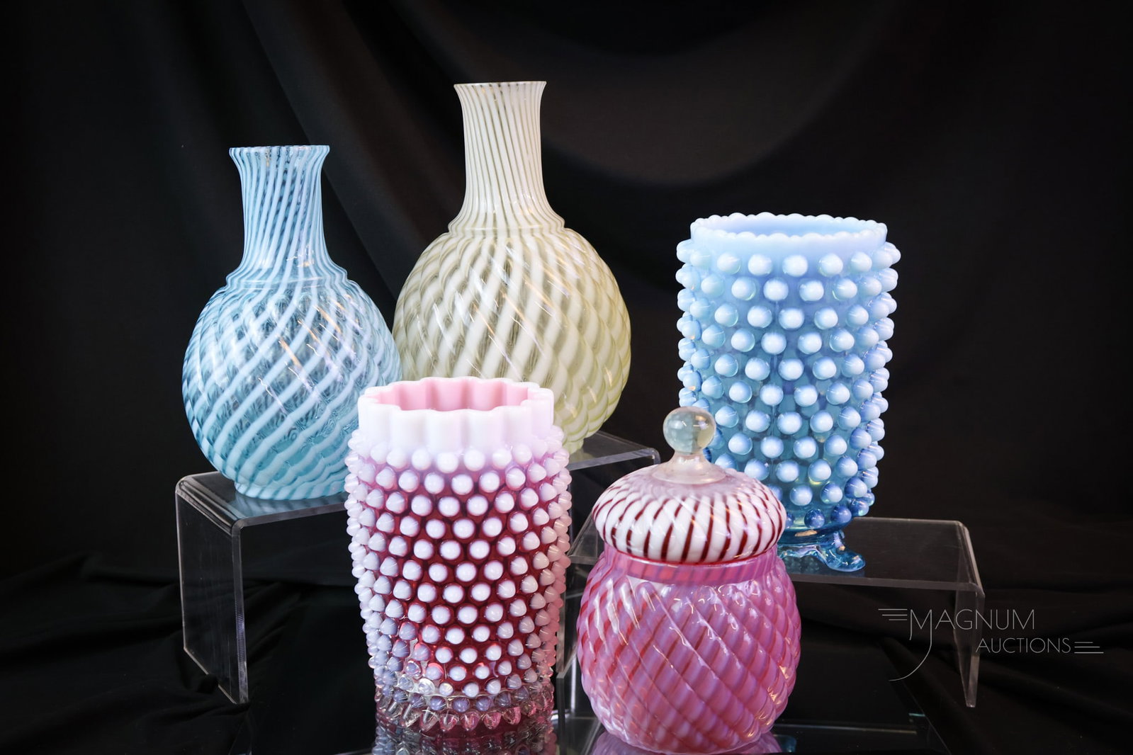 5 pc Lot Victorian Opalescent Glass Must Haves Vaseline Blue Cranberry: Five desirable pieces of Victorian opalescent glass in various colors. The first is a vaseline uranium-rich glass water carafe in the Reverse Swirl pattern. The second is a blue opalescent water caraf