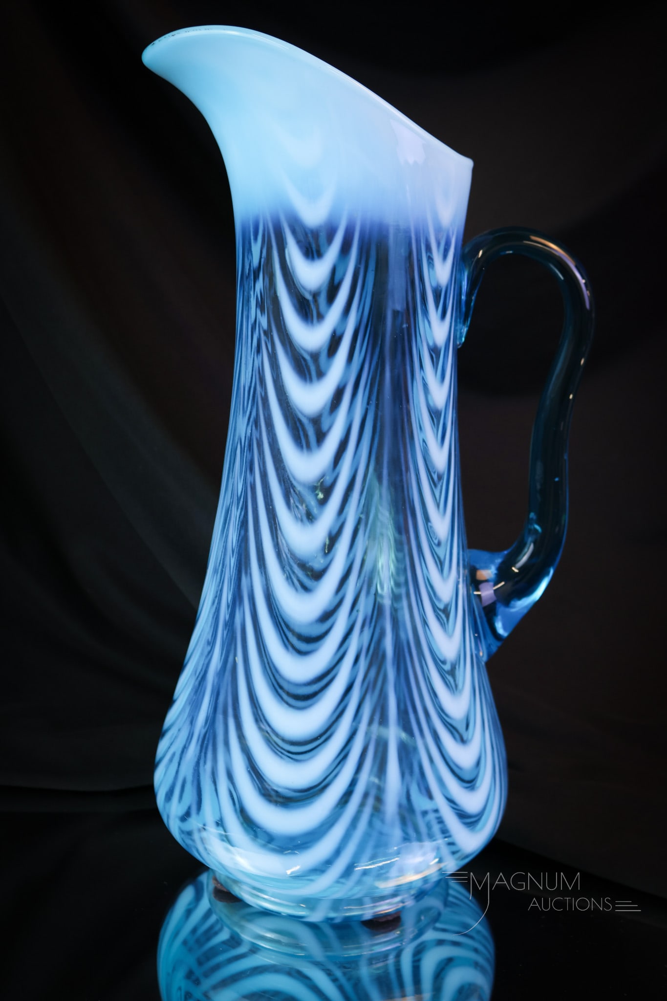 Northwood Blue Opalescent Victorian Glass Drapery Tankard Pitcher: A wonderful example of a Northwood blue opalescent Drapery pattern tankard pitcher. This fine piece stands tall at 13". A great example and hard to find this nice. SHIPPING NOTICE: If you choose not t