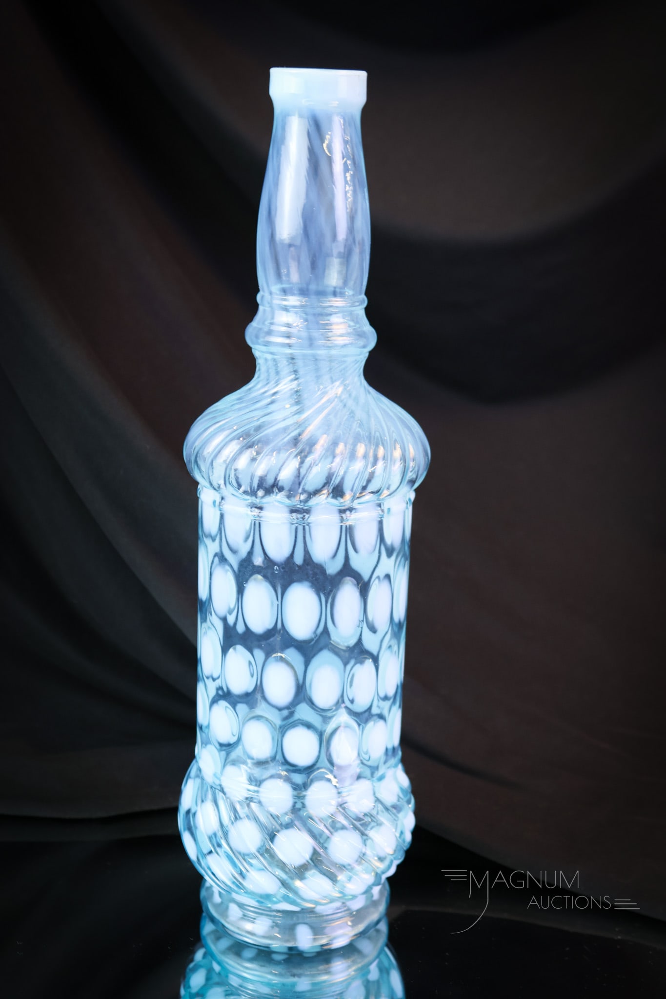 Rare Northwood Blue Opalescent Victorian Glass Coinspot Bar Bottle: Seldom do these rare bar bottles surface. We are pleased to offer three in this auction. This is the last one, so bid high if you missed the other two. This bar bottle is in brilliant blue glass with 